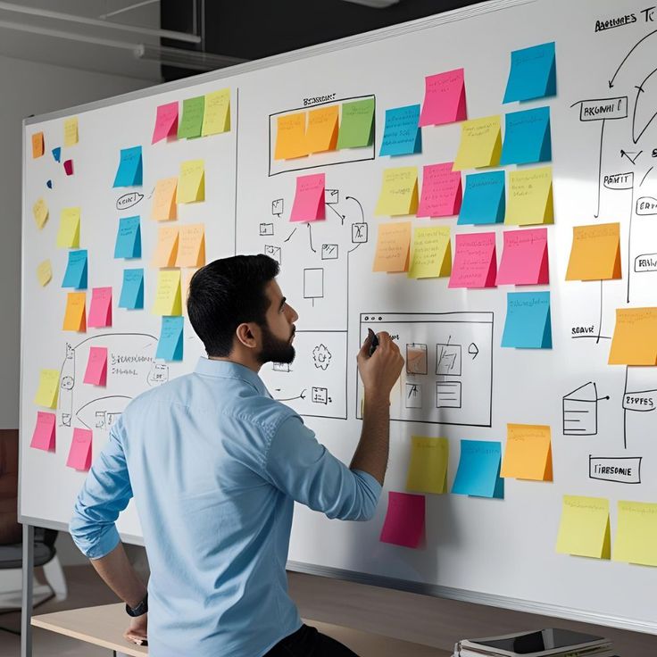 Printed workflow framework diagrams arranged on a desk with coloured markers